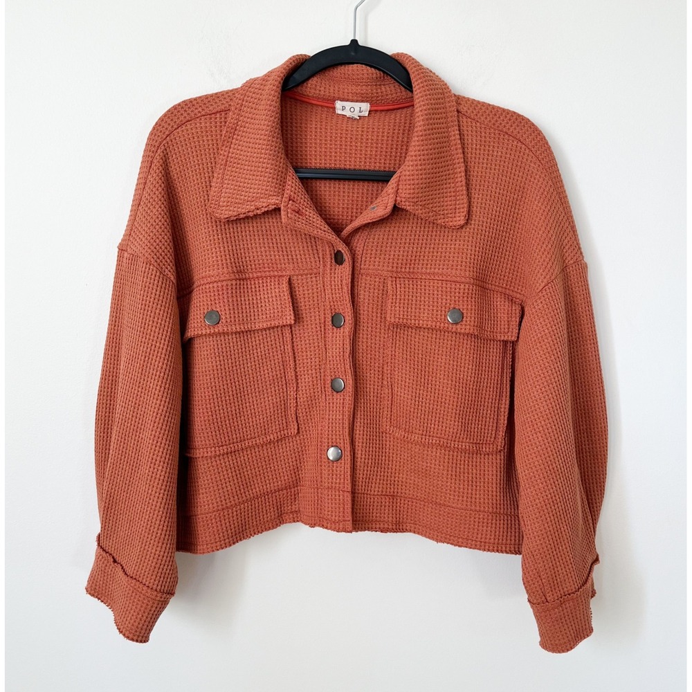 POL Waffle Knit Shacket Boxy Cropped Utility Jacket Womens Small Orange
